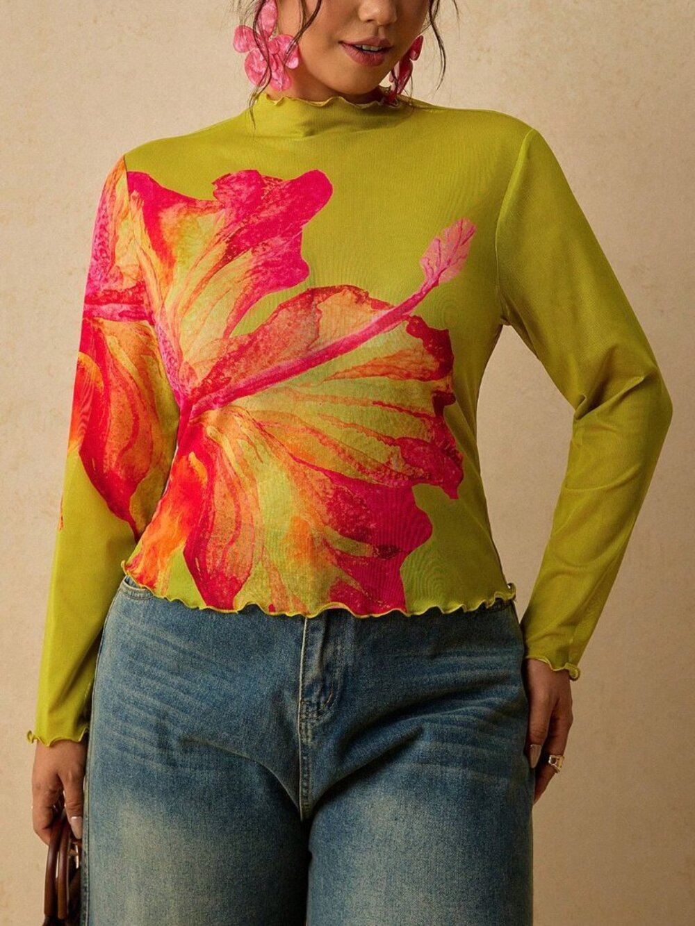 Green Floral Print Casual Women's Plus Size Long Sleeve Base Layer Top